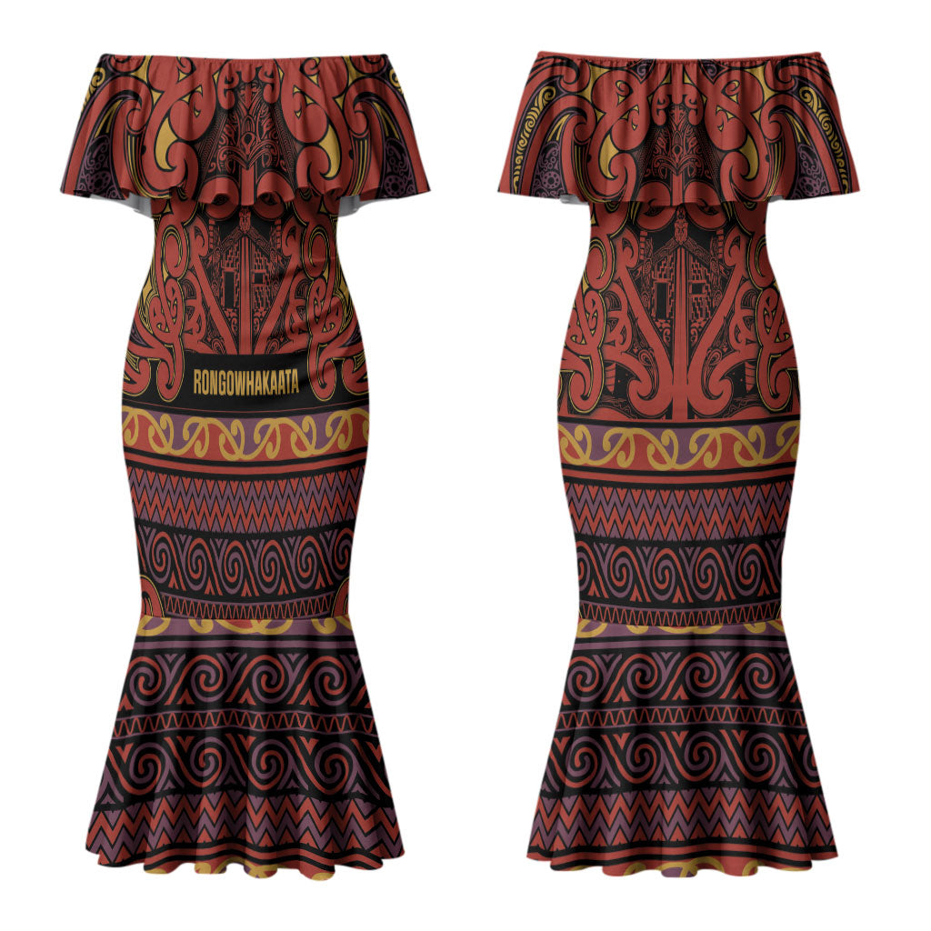 Aotearoa Iwi Rongowhakaata Couples Matching Mermaid Dress and Hawaiian Shirt Maori Wharenui House Tribal Pattern