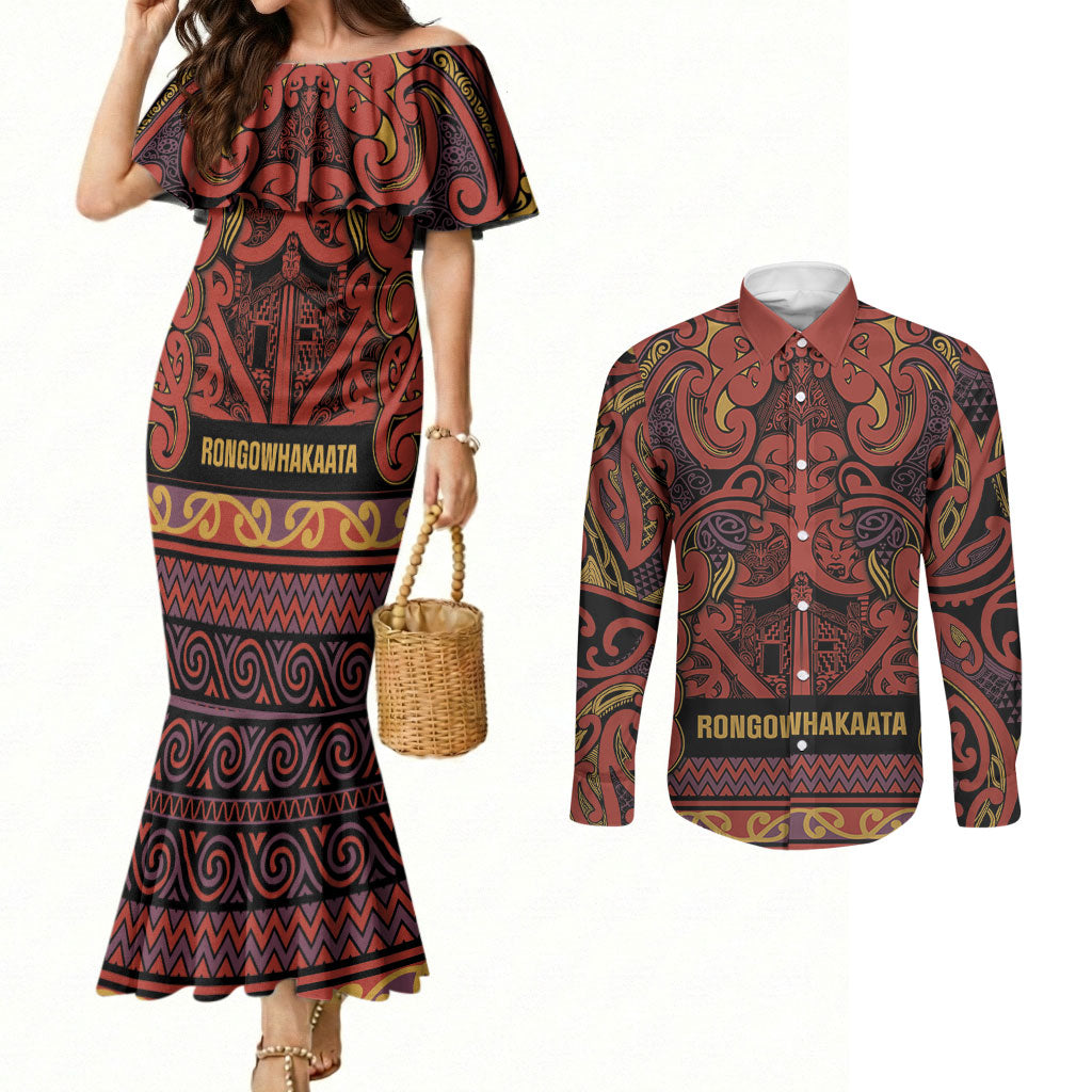 Aotearoa Iwi Rongowhakaata Couples Matching Mermaid Dress and Long Sleeve Button Shirt Maori Wharenui House Tribal Pattern