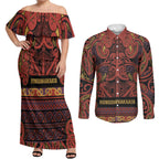 Aotearoa Iwi Rongowhakaata Couples Matching Off Shoulder Maxi Dress and Long Sleeve Button Shirt Maori Wharenui House Tribal Pattern