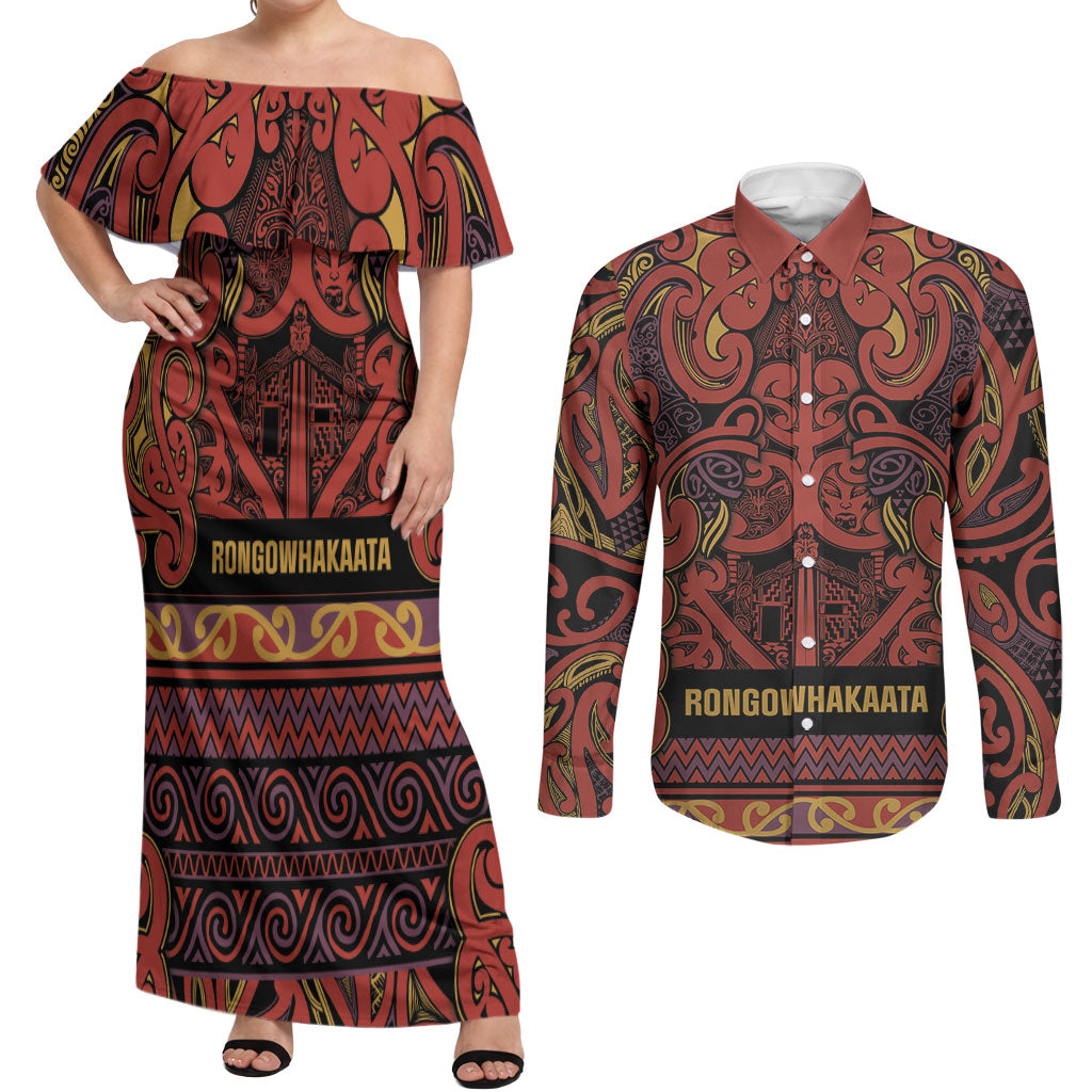 Aotearoa Iwi Rongowhakaata Couples Matching Off Shoulder Maxi Dress and Long Sleeve Button Shirt Maori Wharenui House Tribal Pattern
