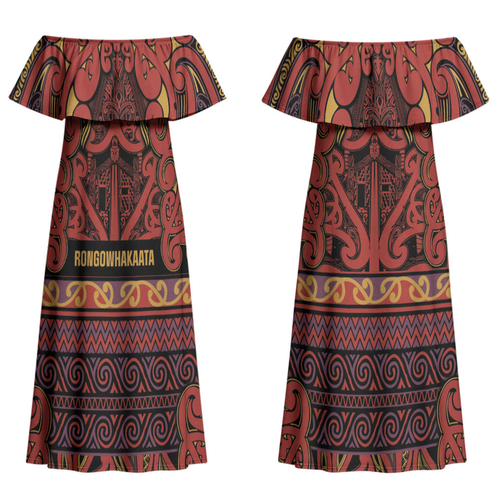 Aotearoa Iwi Rongowhakaata Couples Matching Off Shoulder Maxi Dress and Long Sleeve Button Shirt Maori Wharenui House Tribal Pattern