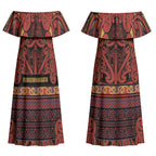 Aotearoa Iwi Rongowhakaata Couples Matching Off Shoulder Maxi Dress and Long Sleeve Button Shirt Maori Wharenui House Tribal Pattern