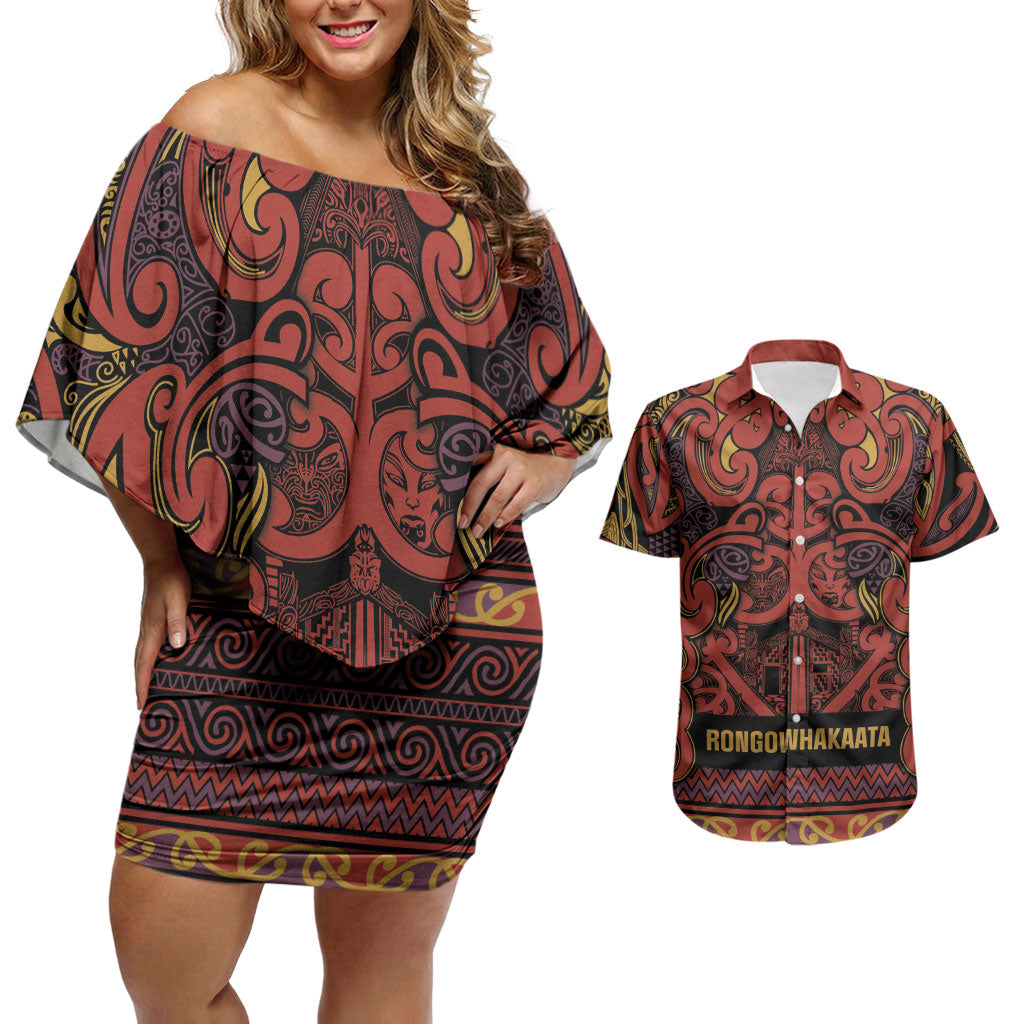 Aotearoa Iwi Rongowhakaata Couples Matching Off Shoulder Short Dress and Hawaiian Shirt Maori Wharenui House Tribal Pattern