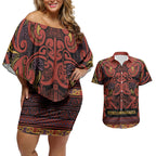 Aotearoa Iwi Rongowhakaata Couples Matching Off Shoulder Short Dress and Hawaiian Shirt Maori Wharenui House Tribal Pattern
