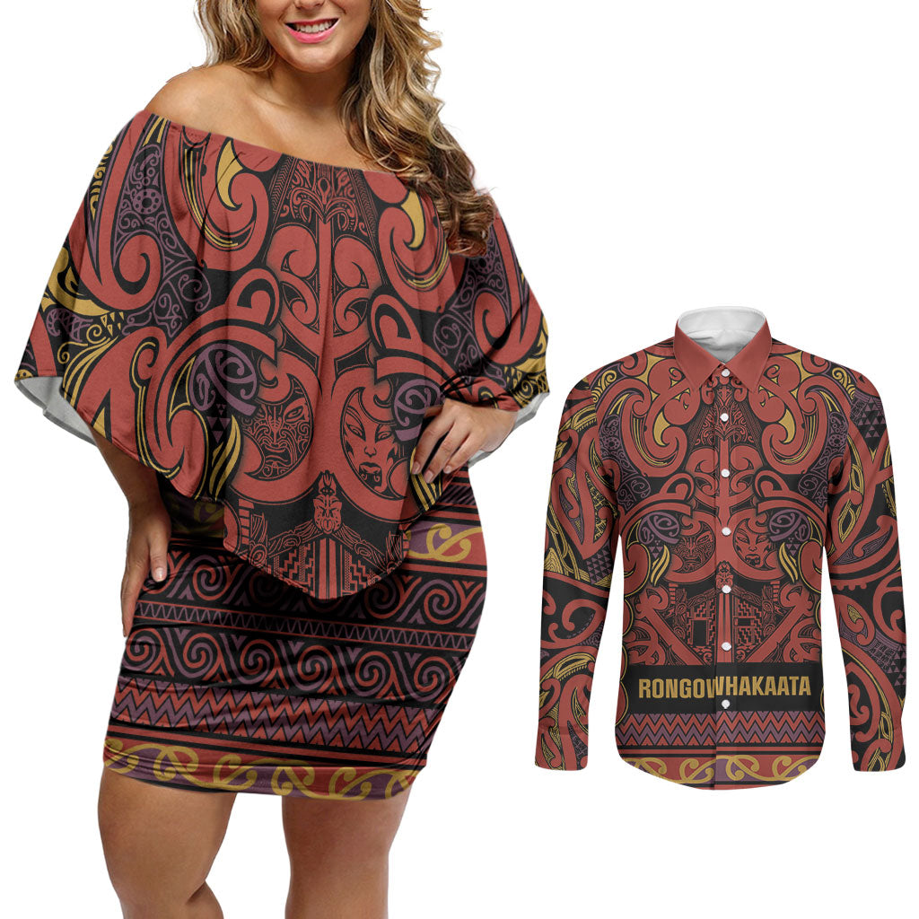 Aotearoa Iwi Rongowhakaata Couples Matching Off Shoulder Short Dress and Long Sleeve Button Shirt Maori Wharenui House Tribal Pattern