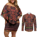 Aotearoa Iwi Rongowhakaata Couples Matching Off Shoulder Short Dress and Long Sleeve Button Shirt Maori Wharenui House Tribal Pattern