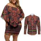 Aotearoa Iwi Rongowhakaata Couples Matching Off Shoulder Short Dress and Long Sleeve Button Shirt Maori Wharenui House Tribal Pattern