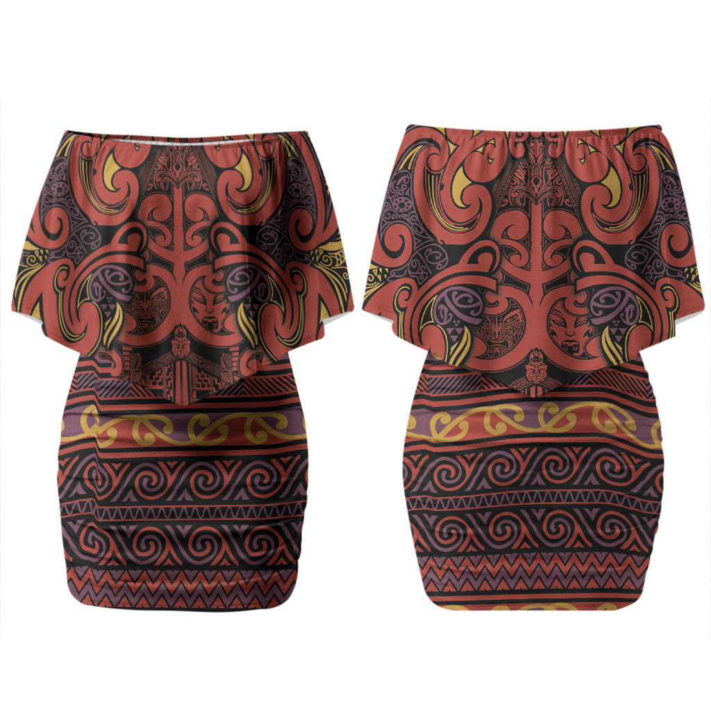 Aotearoa Iwi Rongowhakaata Couples Matching Off Shoulder Short Dress and Long Sleeve Button Shirt Maori Wharenui House Tribal Pattern