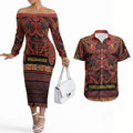 Aotearoa Iwi Rongowhakaata Couples Matching Off The Shoulder Long Sleeve Dress and Hawaiian Shirt Maori Wharenui House Tribal Pattern