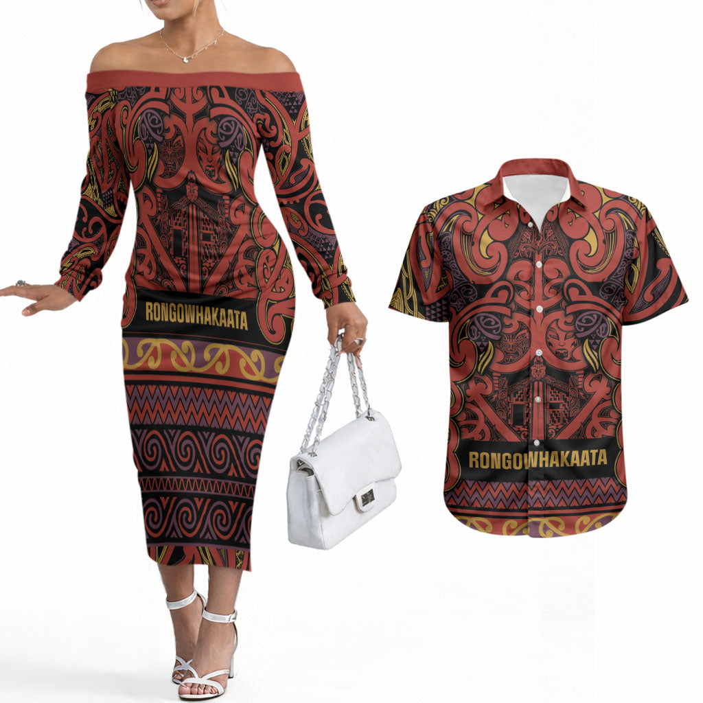 Aotearoa Iwi Rongowhakaata Couples Matching Off The Shoulder Long Sleeve Dress and Hawaiian Shirt Maori Wharenui House Tribal Pattern