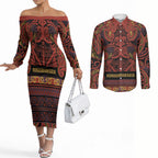 Aotearoa Iwi Rongowhakaata Couples Matching Off The Shoulder Long Sleeve Dress and Long Sleeve Button Shirt Maori Wharenui House Tribal Pattern