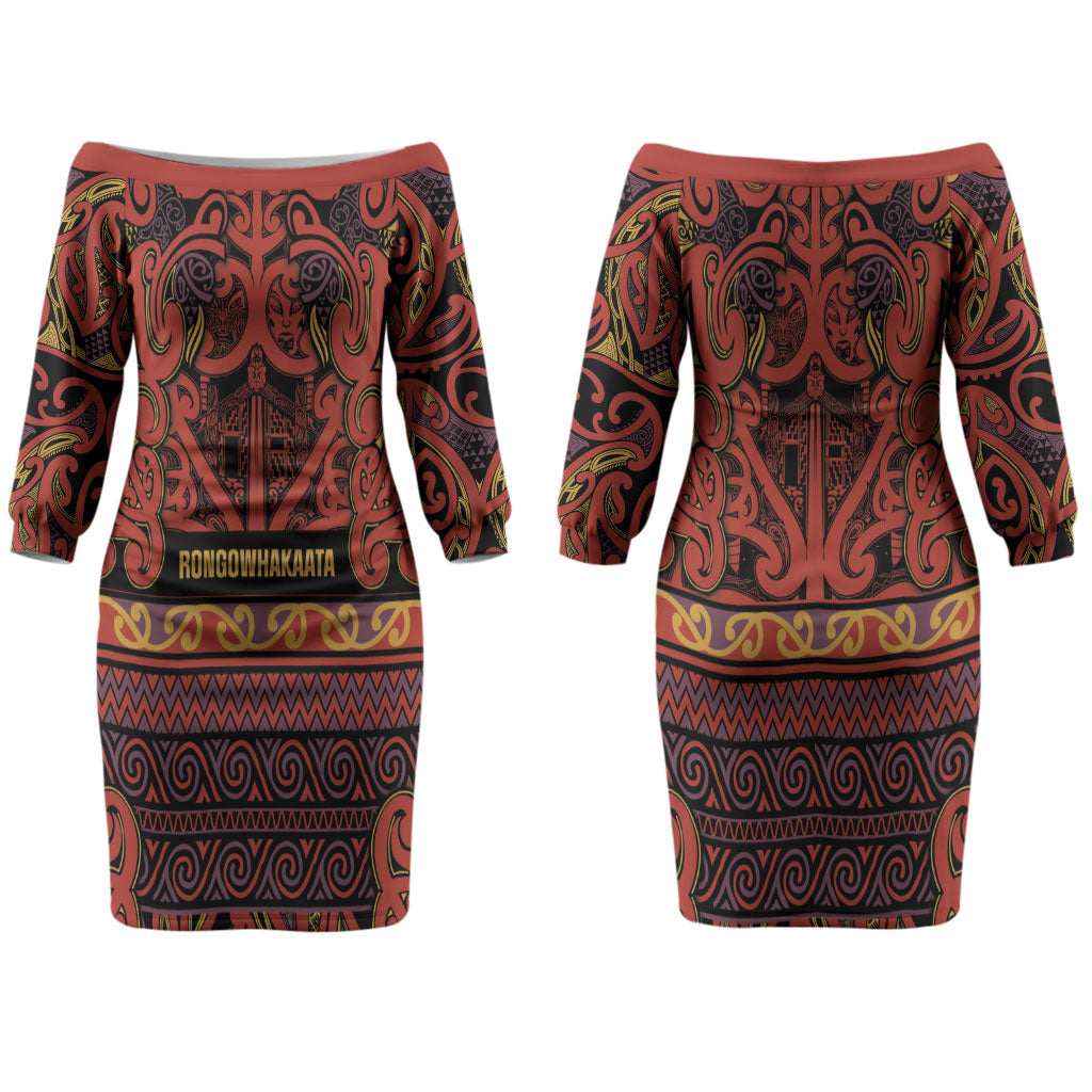 Aotearoa Iwi Rongowhakaata Couples Matching Off The Shoulder Long Sleeve Dress and Long Sleeve Button Shirt Maori Wharenui House Tribal Pattern