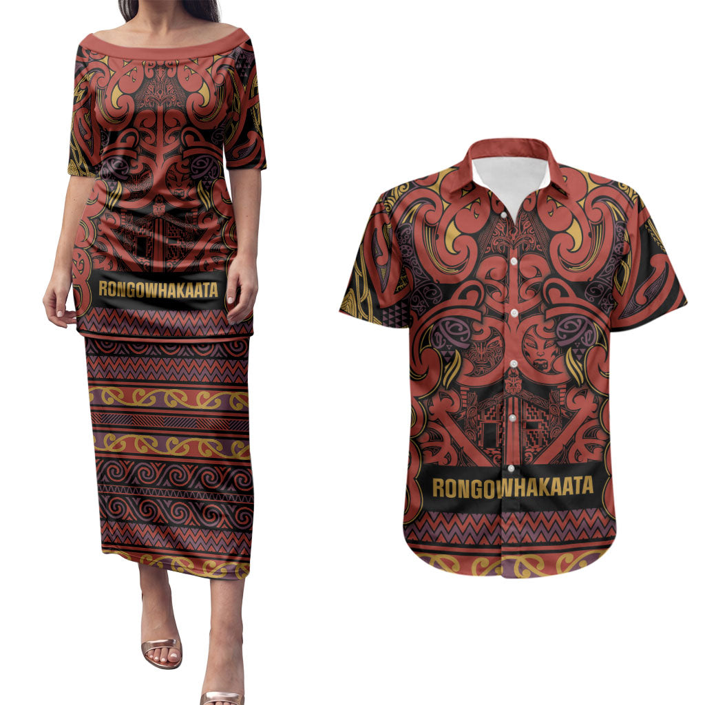 Aotearoa Iwi Rongowhakaata Couples Matching Puletasi and Hawaiian Shirt Maori Wharenui House Tribal Pattern