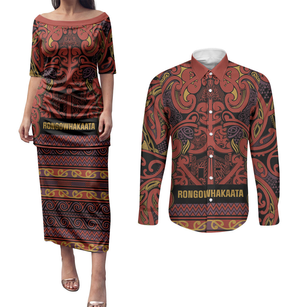 Aotearoa Iwi Rongowhakaata Couples Matching Puletasi and Long Sleeve Button Shirt Maori Wharenui House Tribal Pattern