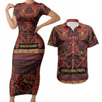 Aotearoa Iwi Rongowhakaata Couples Matching Short Sleeve Bodycon Dress and Hawaiian Shirt Maori Wharenui House Tribal Pattern