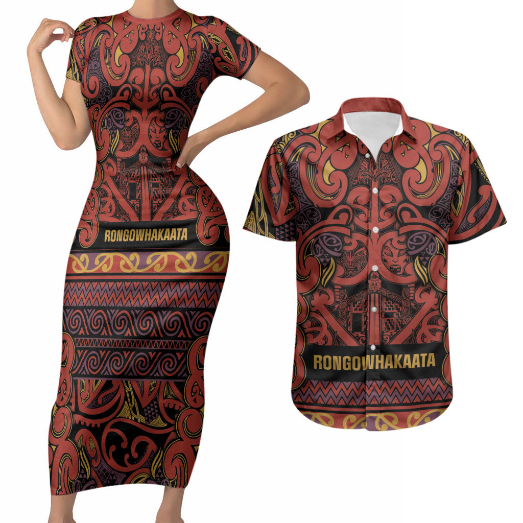 Aotearoa Iwi Rongowhakaata Couples Matching Short Sleeve Bodycon Dress and Hawaiian Shirt Maori Wharenui House Tribal Pattern