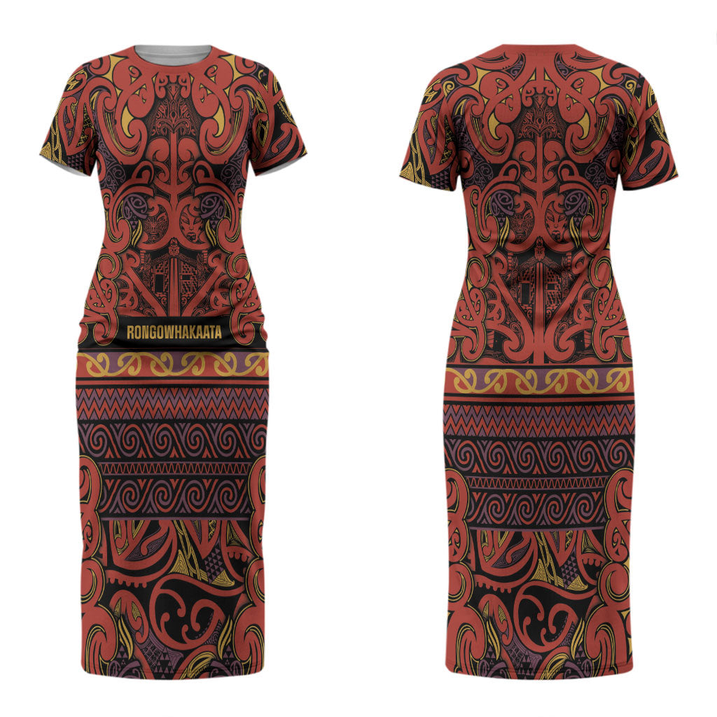 Aotearoa Iwi Rongowhakaata Couples Matching Short Sleeve Bodycon Dress and Hawaiian Shirt Maori Wharenui House Tribal Pattern