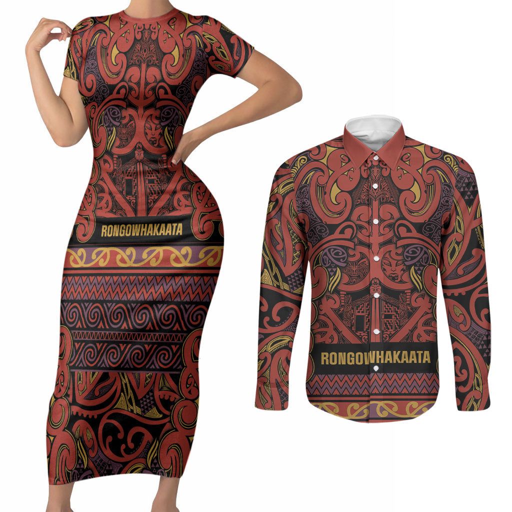 Aotearoa Iwi Rongowhakaata Couples Matching Short Sleeve Bodycon Dress and Long Sleeve Button Shirt Maori Wharenui House Tribal Pattern