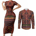 Aotearoa Iwi Rongowhakaata Couples Matching Short Sleeve Bodycon Dress and Long Sleeve Button Shirt Maori Wharenui House Tribal Pattern