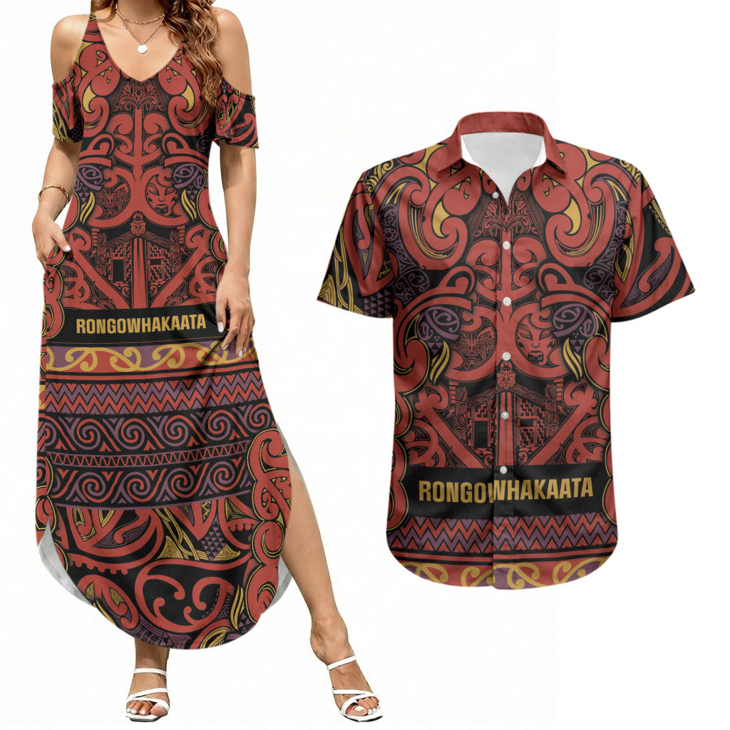 Aotearoa Iwi Rongowhakaata Couples Matching Summer Maxi Dress and Hawaiian Shirt Maori Wharenui House Tribal Pattern
