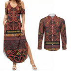 Aotearoa Iwi Rongowhakaata Couples Matching Summer Maxi Dress and Long Sleeve Button Shirt Maori Wharenui House Tribal Pattern