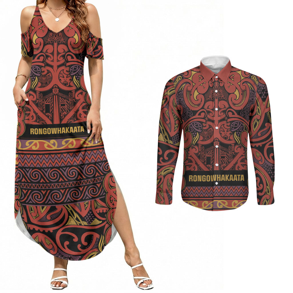 Aotearoa Iwi Rongowhakaata Couples Matching Summer Maxi Dress and Long Sleeve Button Shirt Maori Wharenui House Tribal Pattern