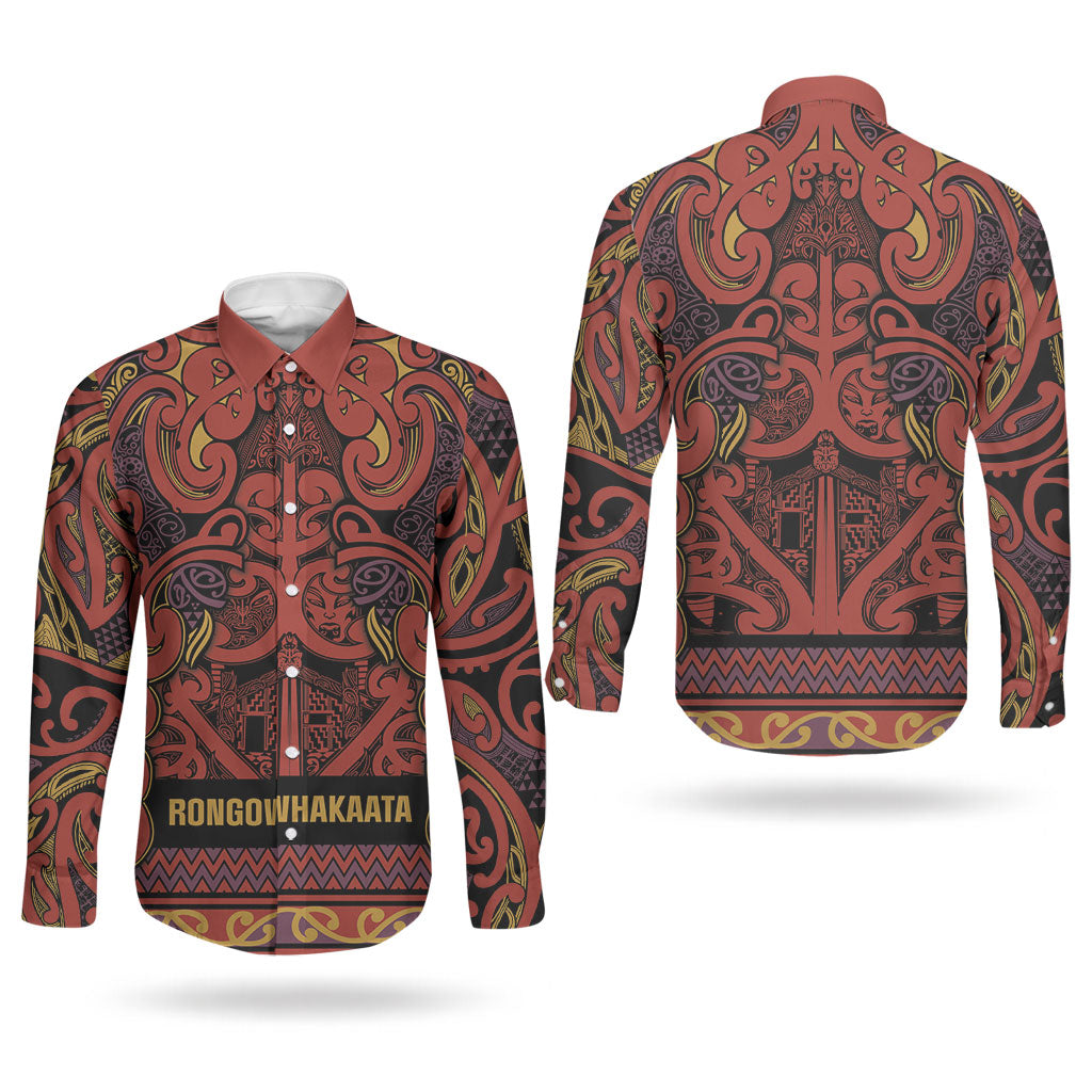 Aotearoa Iwi Rongowhakaata Couples Matching Summer Maxi Dress and Long Sleeve Button Shirt Maori Wharenui House Tribal Pattern