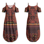 Aotearoa Iwi Rongowhakaata Couples Matching Summer Maxi Dress and Long Sleeve Button Shirt Maori Wharenui House Tribal Pattern