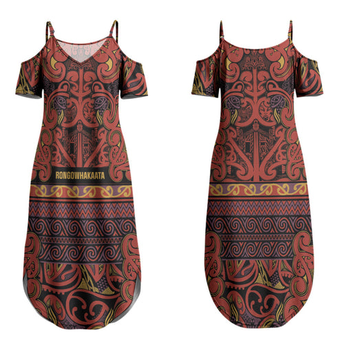 Aotearoa Iwi Rongowhakaata Couples Matching Summer Maxi Dress and Long Sleeve Button Shirt Maori Wharenui House Tribal Pattern