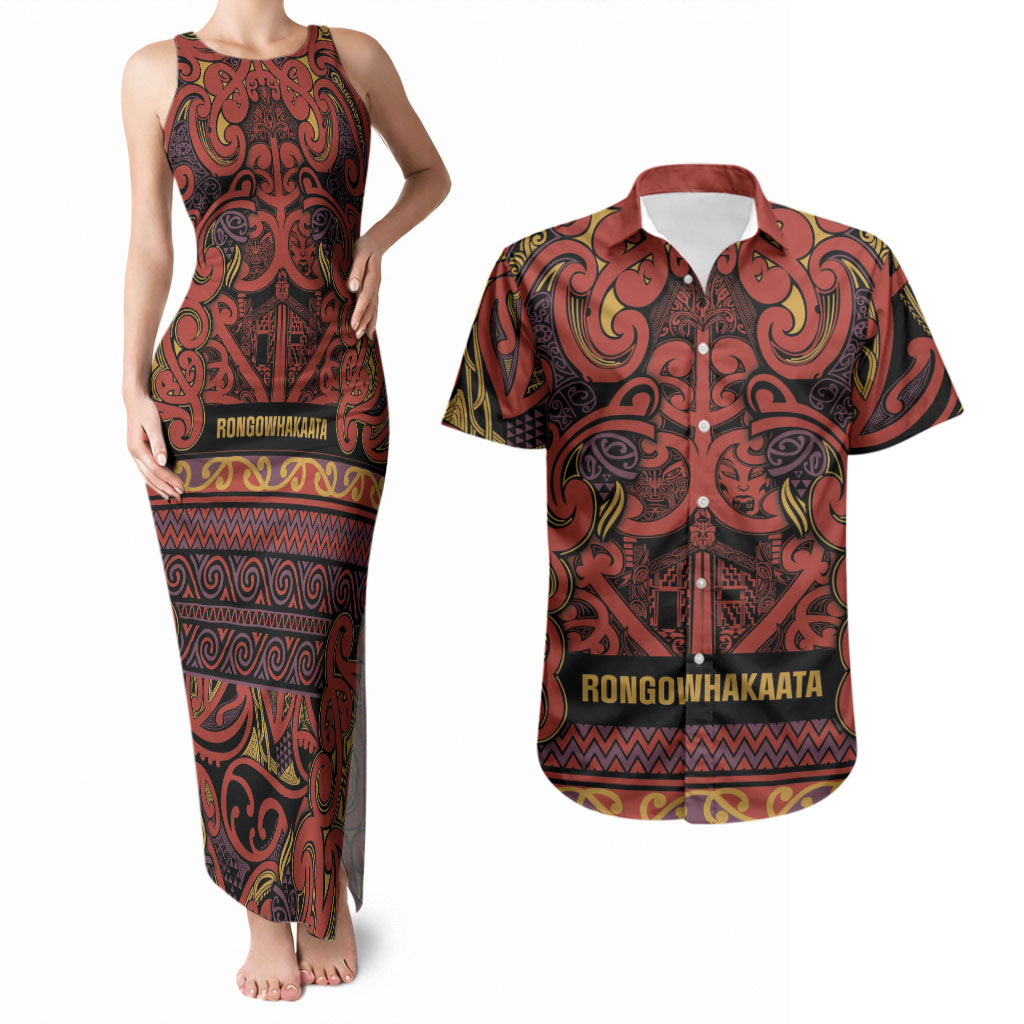 Aotearoa Iwi Rongowhakaata Couples Matching Tank Maxi Dress and Hawaiian Shirt Maori Wharenui House Tribal Pattern