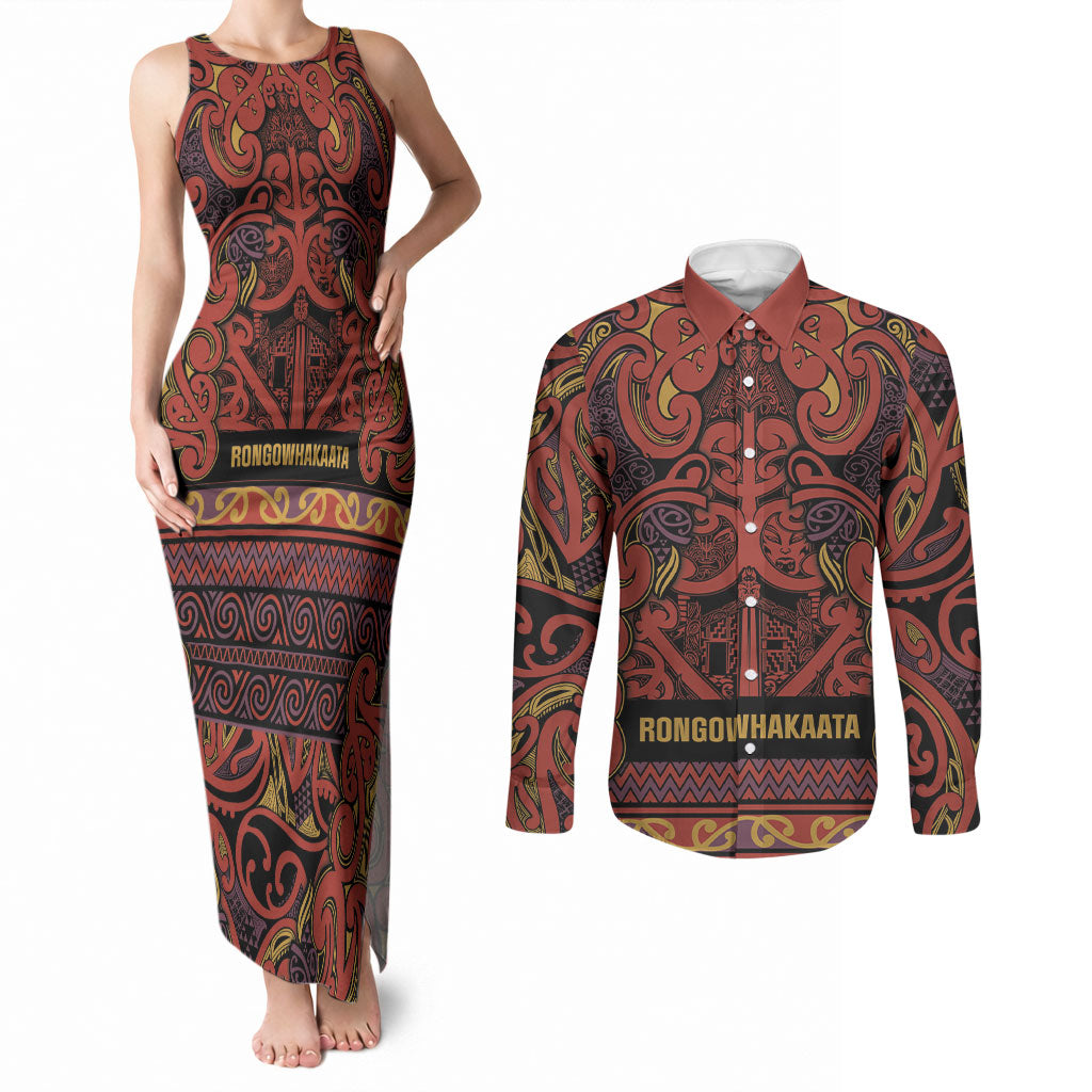 Aotearoa Iwi Rongowhakaata Couples Matching Tank Maxi Dress and Long Sleeve Button Shirt Maori Wharenui House Tribal Pattern