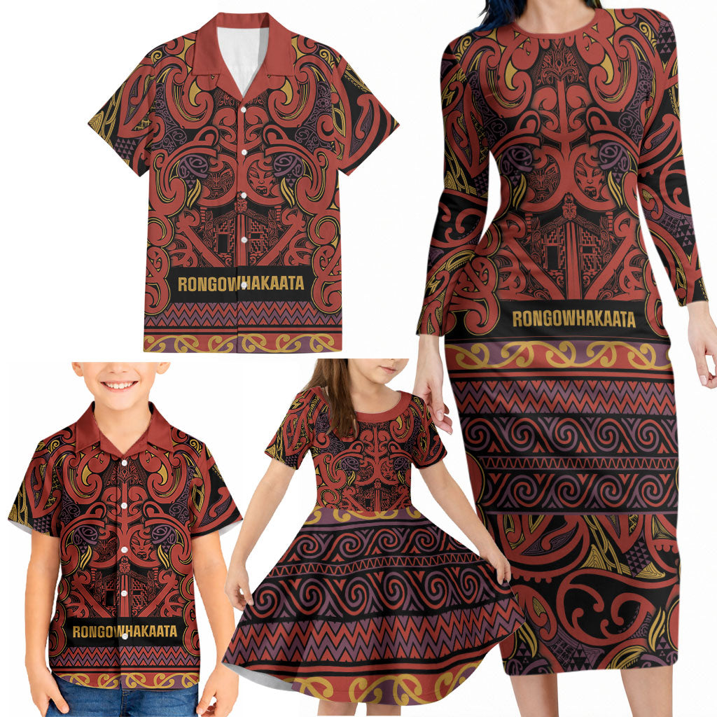 Aotearoa Iwi Rongowhakaata Family Matching Long Sleeve Bodycon Dress and Hawaiian Shirt Maori Wharenui House Tribal Pattern