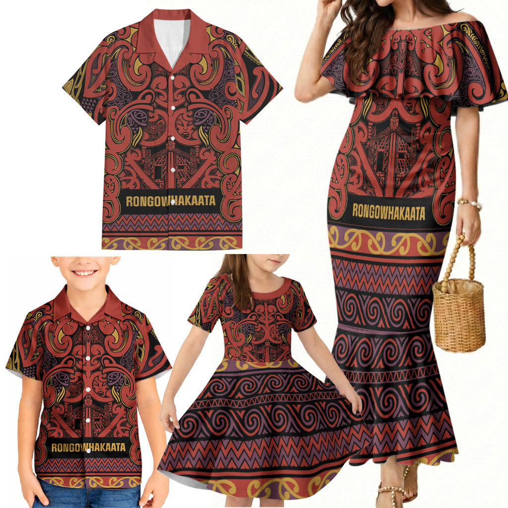 Aotearoa Iwi Rongowhakaata Family Matching Mermaid Dress and Hawaiian Shirt Maori Wharenui House Tribal Pattern