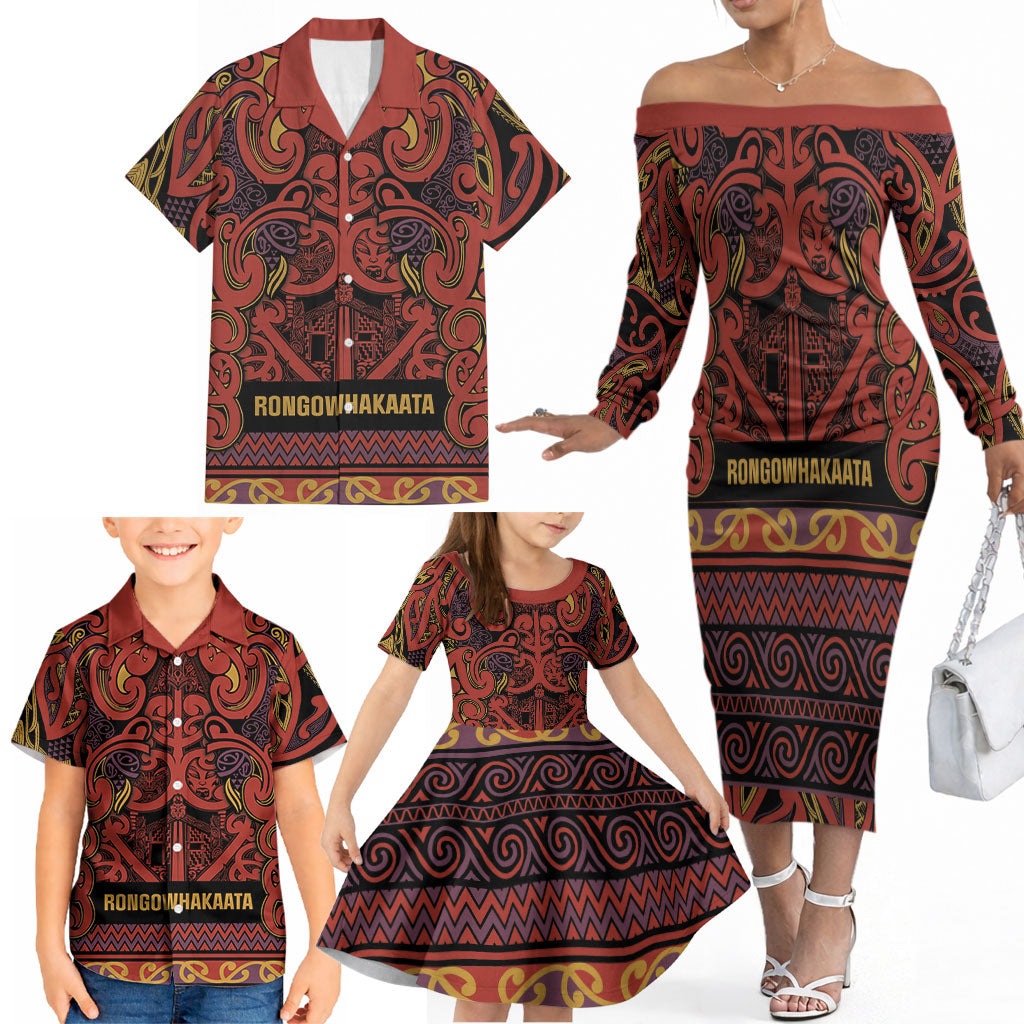 Aotearoa Iwi Rongowhakaata Family Matching Off The Shoulder Long Sleeve Dress and Hawaiian Shirt Maori Wharenui House Tribal Pattern