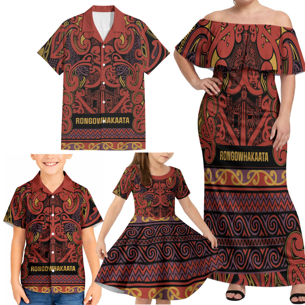 Aotearoa Iwi Rongowhakaata Family Matching Off Shoulder Maxi Dress and Hawaiian Shirt Maori Wharenui House Tribal Pattern