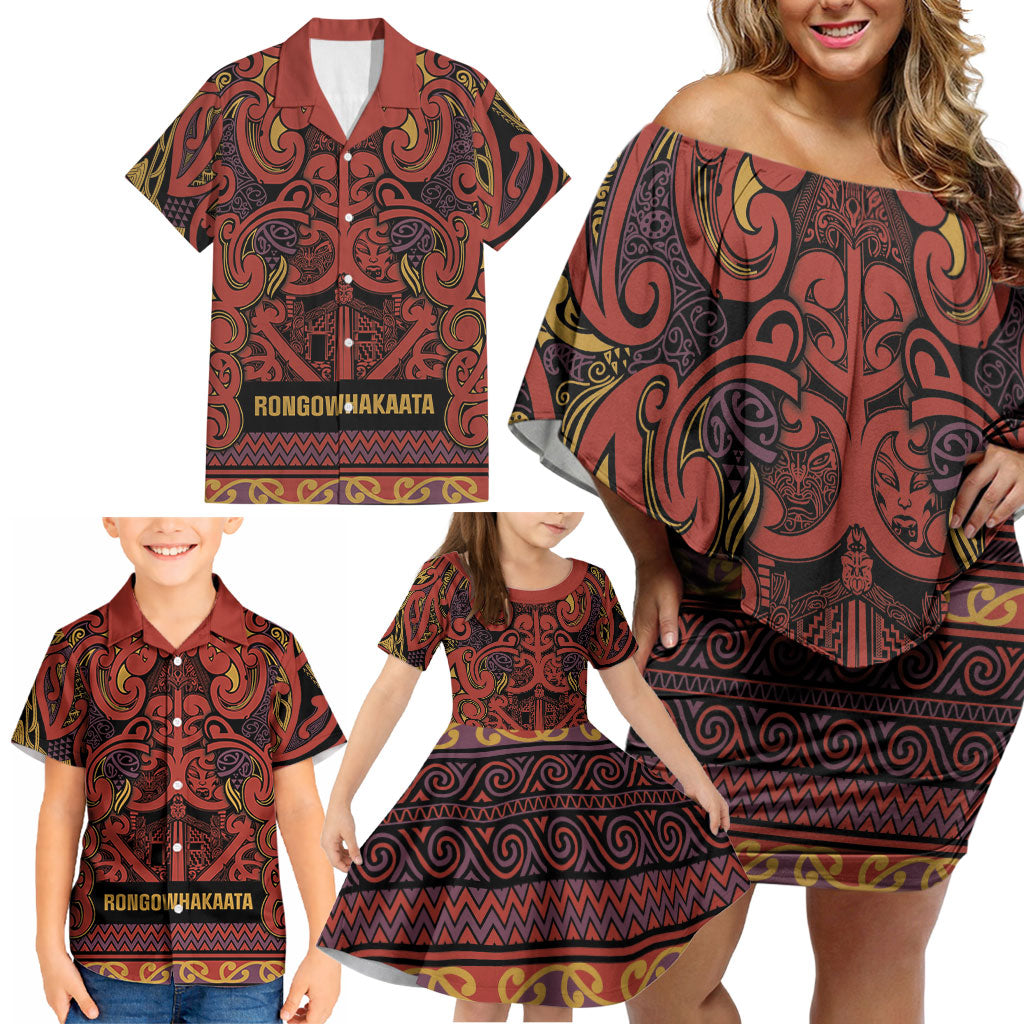 Aotearoa Iwi Rongowhakaata Family Matching Off Shoulder Short Dress and Hawaiian Shirt Maori Wharenui House Tribal Pattern