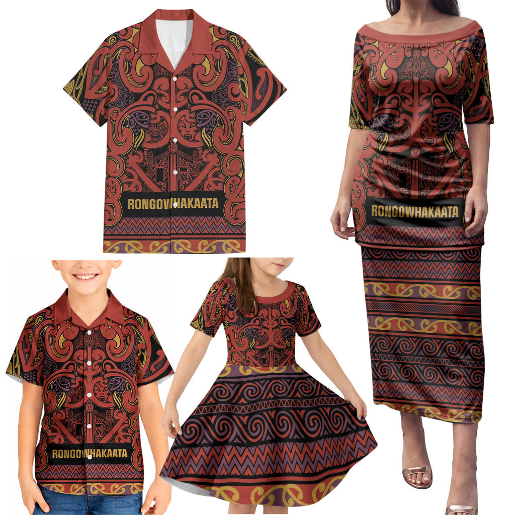 Aotearoa Iwi Rongowhakaata Family Matching Puletasi and Hawaiian Shirt Maori Wharenui House Tribal Pattern