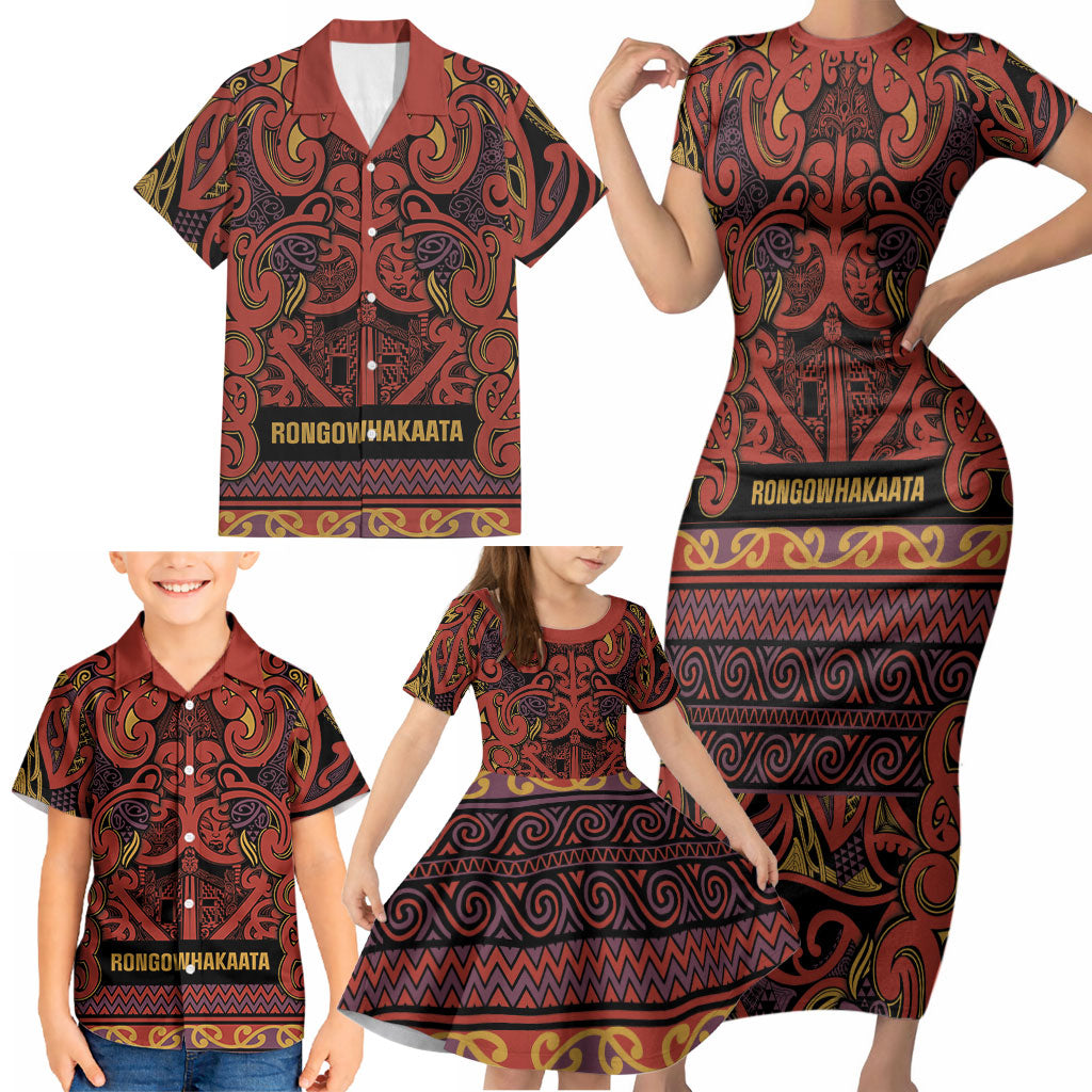 Aotearoa Iwi Rongowhakaata Family Matching Short Sleeve Bodycon Dress and Hawaiian Shirt Maori Wharenui House Tribal Pattern