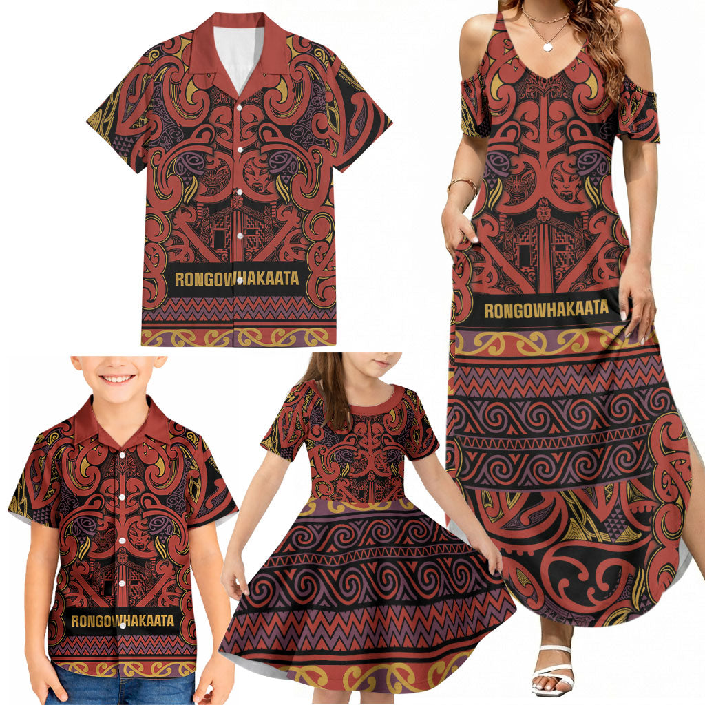 Aotearoa Iwi Rongowhakaata Family Matching Summer Maxi Dress and Hawaiian Shirt Maori Wharenui House Tribal Pattern