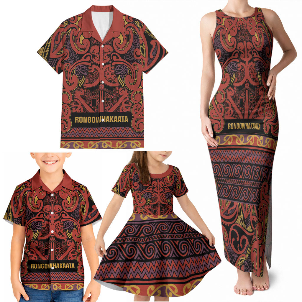 Aotearoa Iwi Rongowhakaata Family Matching Tank Maxi Dress and Hawaiian Shirt Maori Wharenui House Tribal Pattern