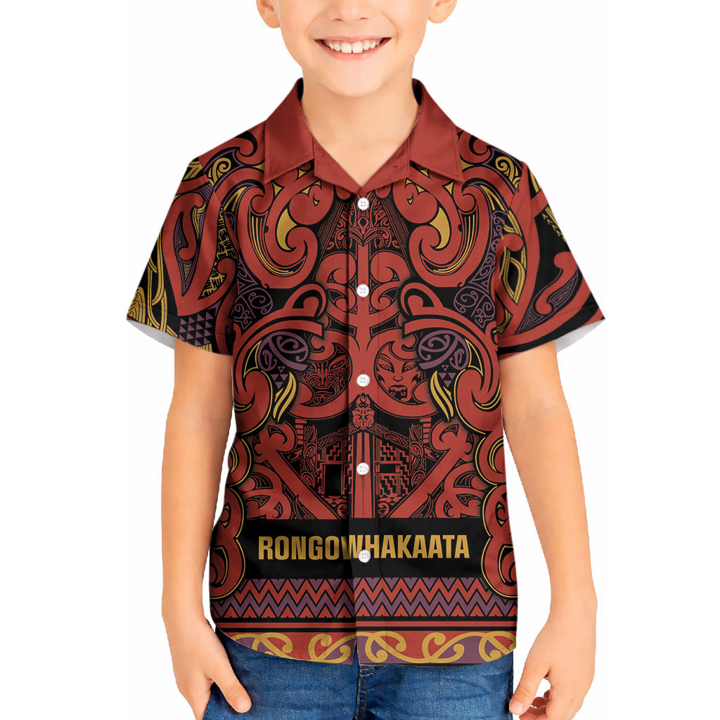 Aotearoa Iwi Rongowhakaata Kid Hawaiian Shirt Maori Wharenui House Tribal Pattern