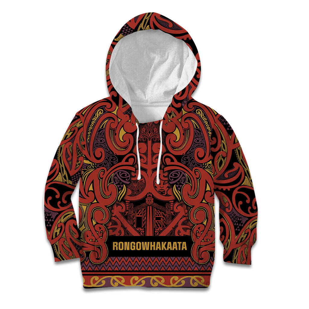 Aotearoa Iwi Rongowhakaata Kid Hoodie Maori Wharenui House Tribal Pattern