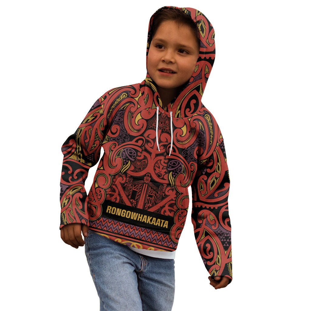 Aotearoa Iwi Rongowhakaata Kid Hoodie Maori Wharenui House Tribal Pattern