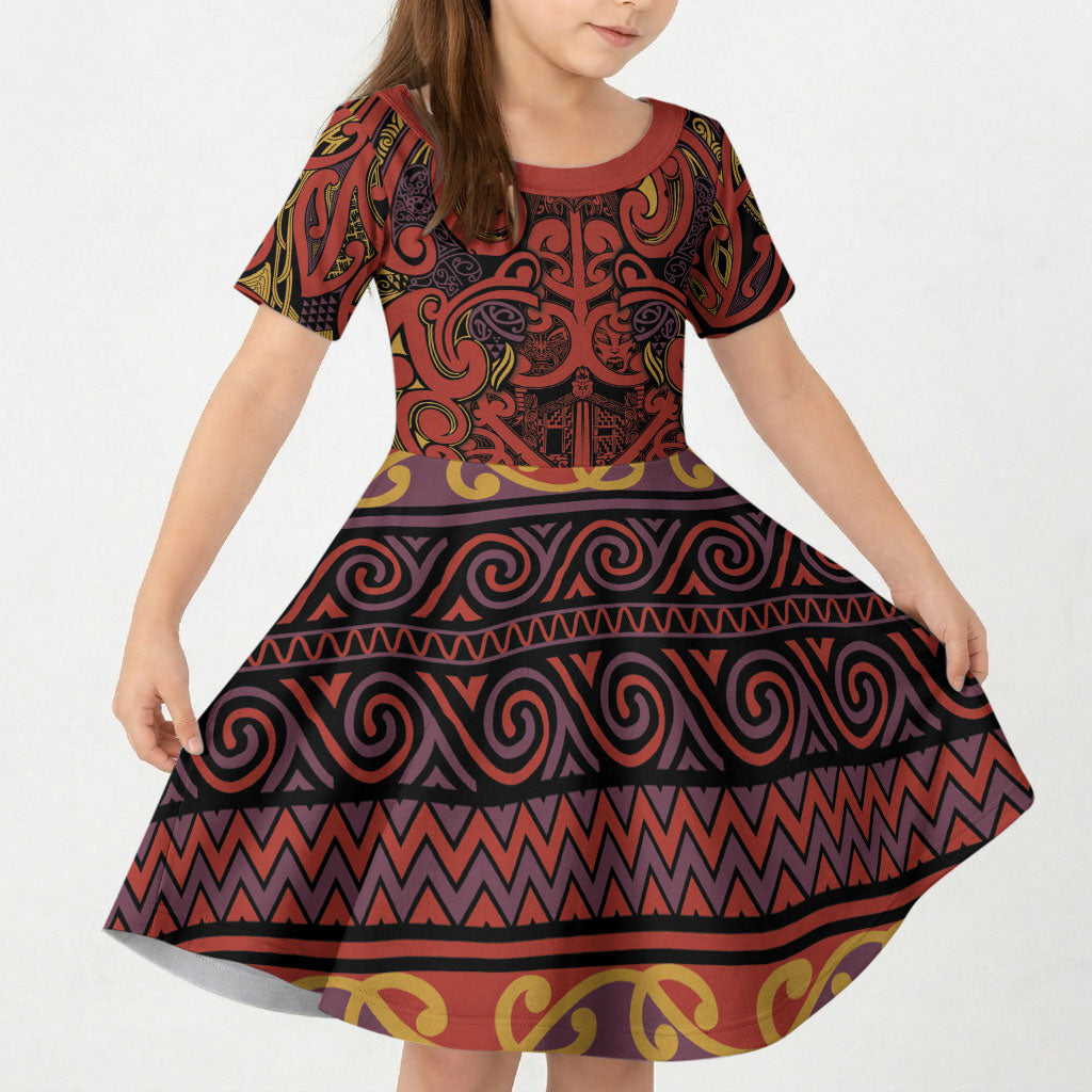 Aotearoa Iwi Rongowhakaata Kid Short Sleeve Dress Maori Wharenui House Tribal Pattern