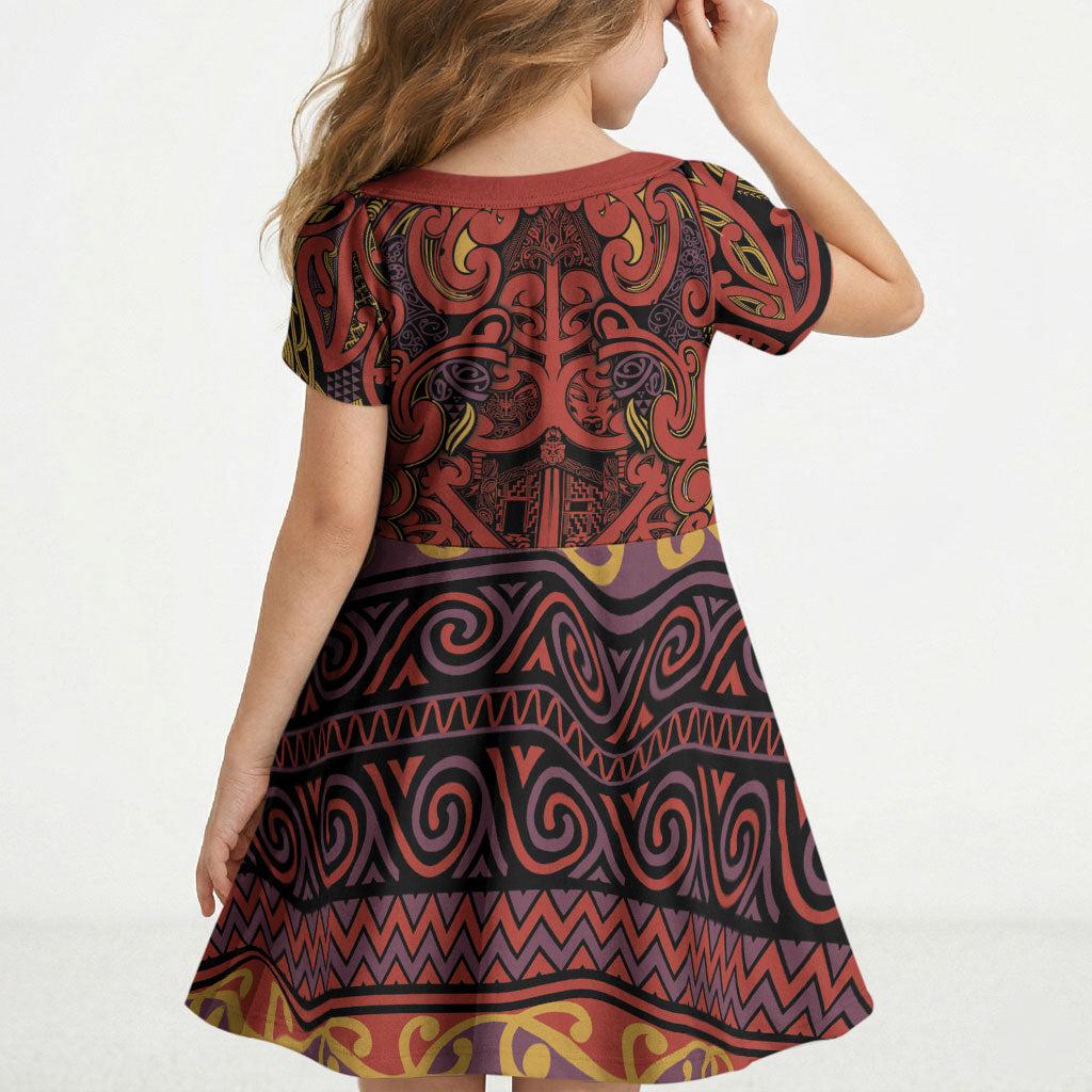 Aotearoa Iwi Rongowhakaata Kid Short Sleeve Dress Maori Wharenui House Tribal Pattern