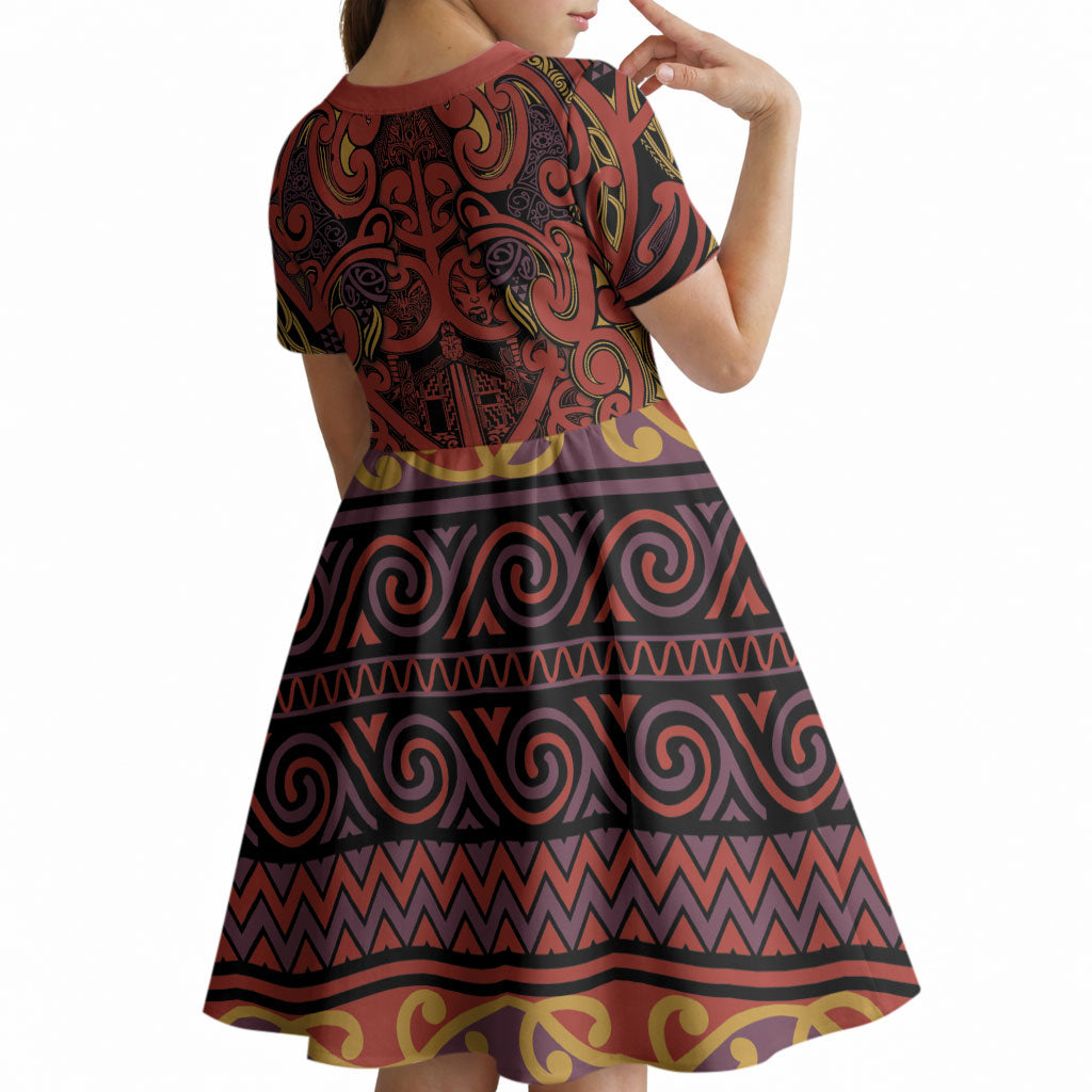 Aotearoa Iwi Rongowhakaata Kid Short Sleeve Dress Maori Wharenui House Tribal Pattern