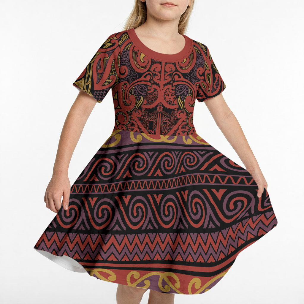 Aotearoa Iwi Rongowhakaata Kid Short Sleeve Dress Maori Wharenui House Tribal Pattern