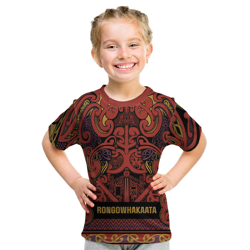 Aotearoa Iwi Rongowhakaata Kid T Shirt Maori Wharenui House Tribal Pattern