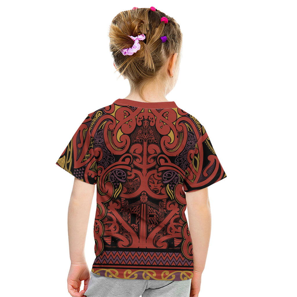 Aotearoa Iwi Rongowhakaata Kid T Shirt Maori Wharenui House Tribal Pattern