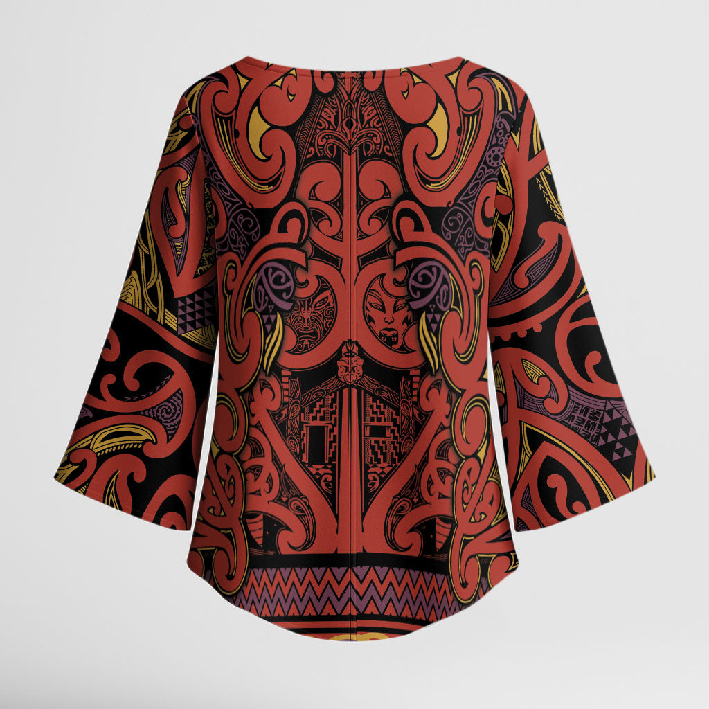 Aotearoa Iwi Rongowhakaata Kimono Sleeve Blouse Maori Wharenui House Tribal Pattern
